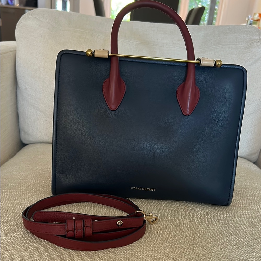 Strathberry Blue, maroon and vanilla satchel